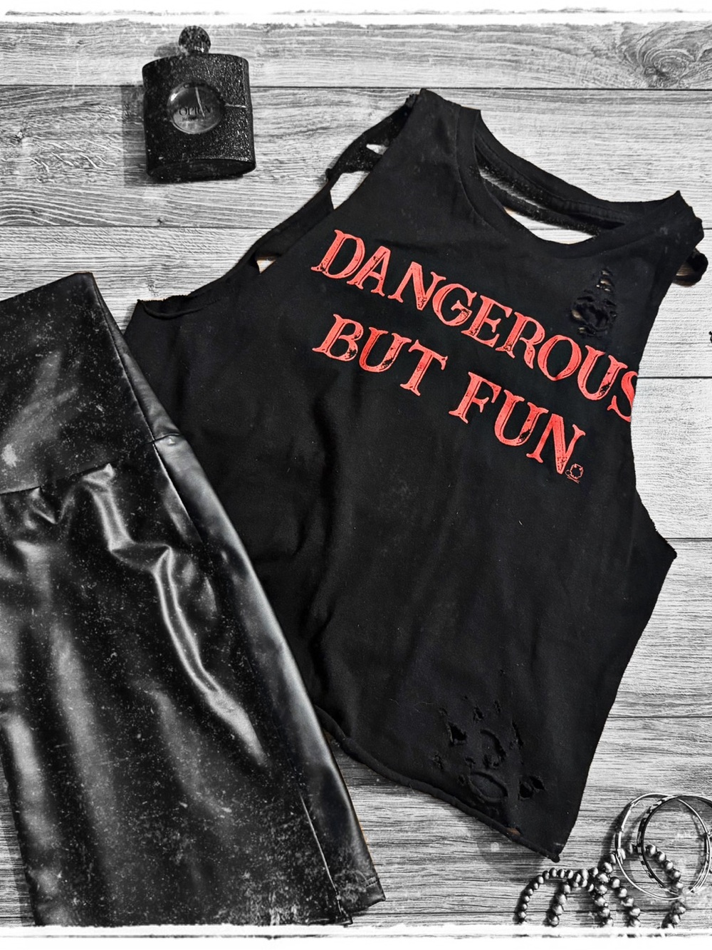 Black 'Dangerous But Fun' Distressed Graphic Crop Tank